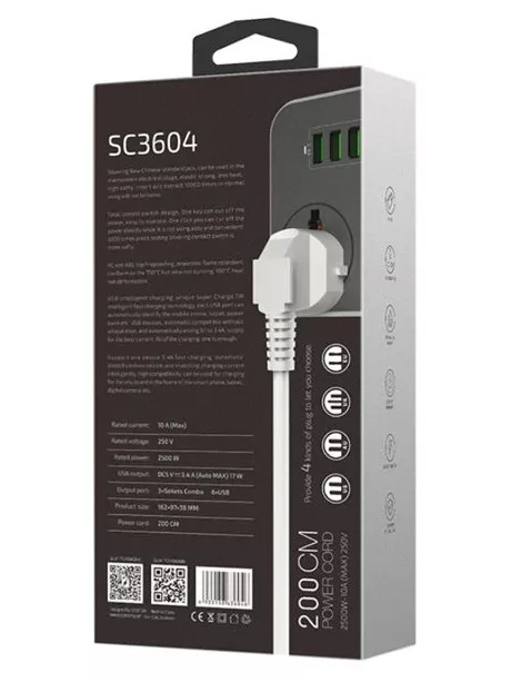 универсальный сетевой фильтр LDNIO SC3604 6USB*3 розетки 2м grey