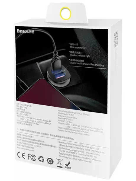 автомобильное зарядное устройство Baseus Square metal A+A 30W  Dual QC3.0 black