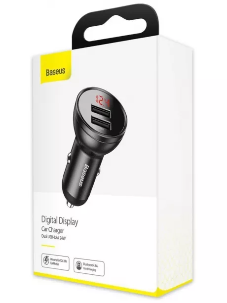 автомобильная зарядка в прикуриватель с дисплеем Baseus Digital Display Dual USB 4.8A Car Charger 24W grey