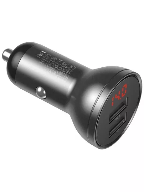 автомобильная зарядка в прикуриватель с дисплеем Baseus Digital Display Dual USB 4.8A Car Charger 24W grey