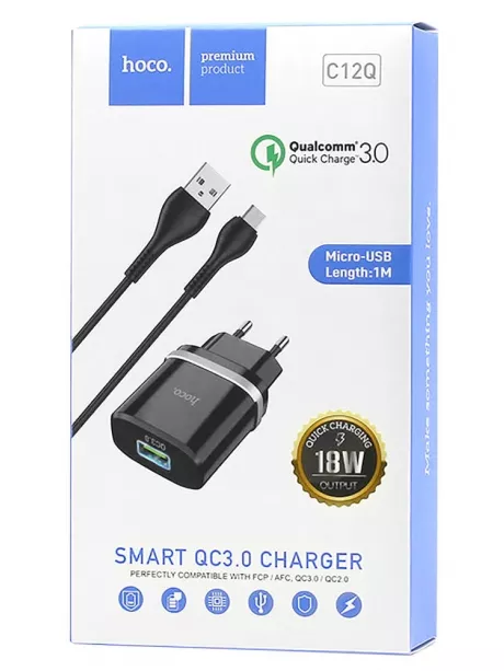 зарядное устройство Hoco C12Q Smart QC3.0 charger + Micro cable black