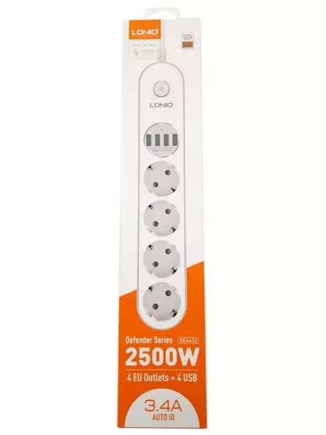 универсальный сетевой фильтр LDNIO SE4432 4USB*4 розетки 2м white