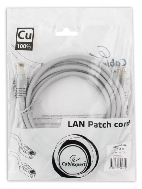патч корд Cablexpert UTP кат.5e, 3м, литой серый