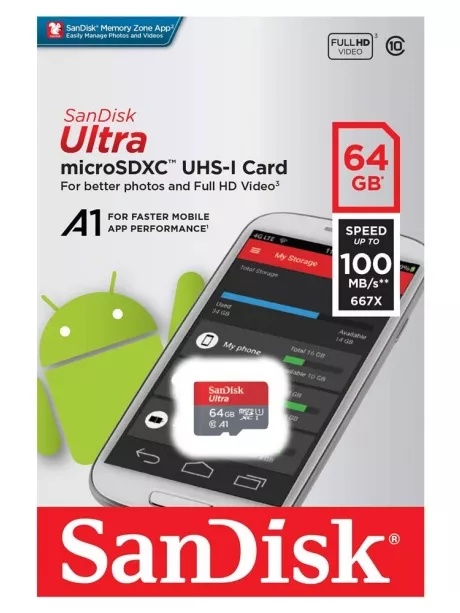 карта памяти SanDisk 64GB microSDXC Cl10 UHS-1 Ultra Android 100MB/s без адап 