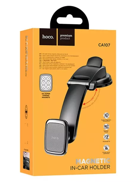 держатель на присоске со складной штангой Hoco CA107 Center console magnetic car holder black metal gray