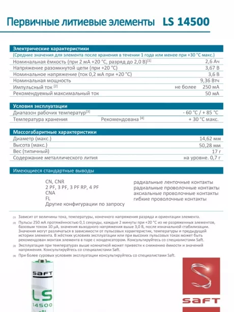 батарейки Saft LS 14500 (AA) 5шт. 