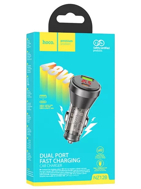 зарядка для телефона в машину Hoco NZ12B Unimpeded PD48W(1C1A) car charger with digital display transparent black