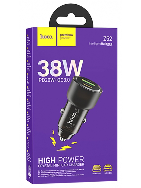 зарядка для телефона в машину Hoco Z52 Spacious PD38W(1C1A) car charger transparent black