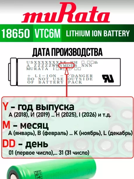литиевый аккумулятор Murata US 18650 VTC6M 30A 3000mAh 10 шт. 